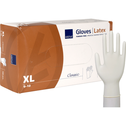 Une boîte avec l'inscription "Abena Re-Seller GmbH Latex-Handschuhe Classic, Puderfrei, Natur" avec l'image d'un gant en latex et d'un gant en latex debout devant la boîte.
