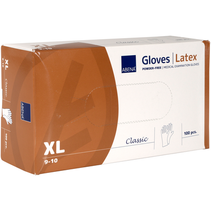Une boîte rectangulaire de gants en latex Classic, sans poudre, naturel, taille XL (9-10) de Abena Re-Seller GmbH, pour usage médical dans les établissements de santé, contient 100 gants. La boîte blanc-brun est marquée avec du texte et un graphique de la taille du gant.