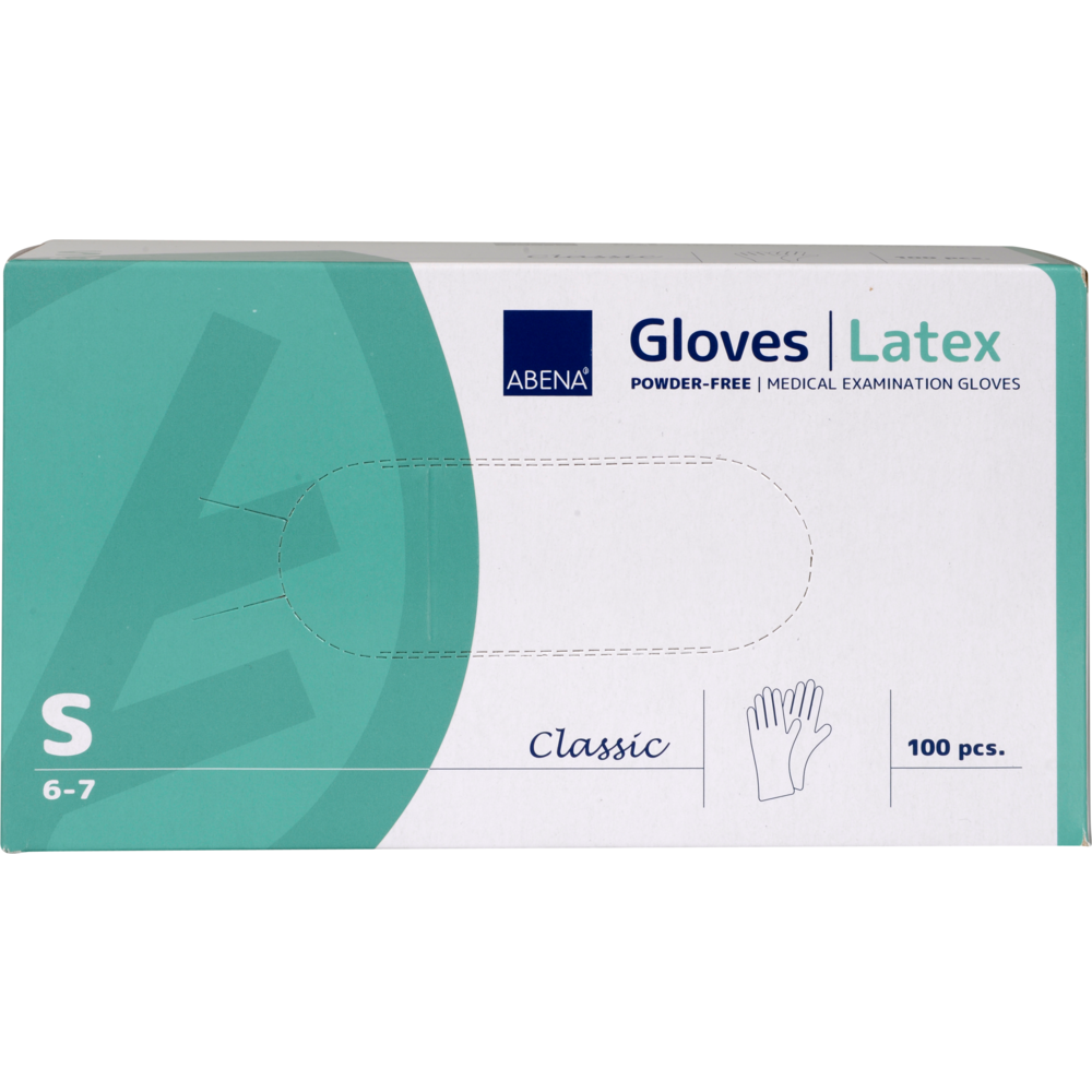 Une boîte Abena Re-Seller GmbH Gants en latex Classic, sans poudre, naturel, taille S (6-7), contient 100 pièces. La boîte principalement teal-blanc montre des détails de produit et une illustration de gant sur le devant.