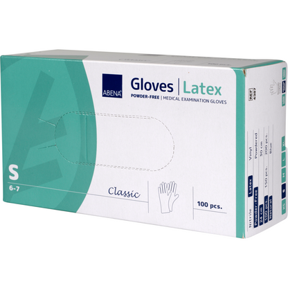 Une boîte Abena Re-Seller GmbH Gants en latex Classic, sans poudre, naturel, taille S - parfaite pour les applications médicales. Contient 100 pièces. La boîte principalement blanc-turquoise montre des détails de produit sur les côtés.