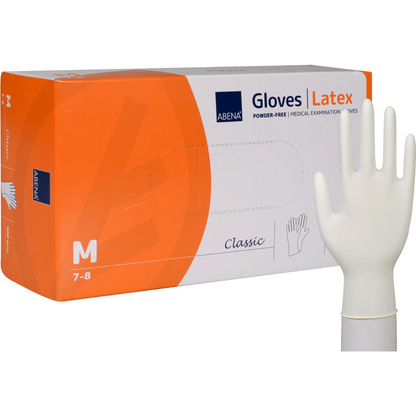 Un paquet de gants en latex Classic, sans poudre, naturel, taille Medium (7-8) de Abena Re-Seller GmbH; un gant blanc est dressé devant l'emballage principalement blanc et orange.