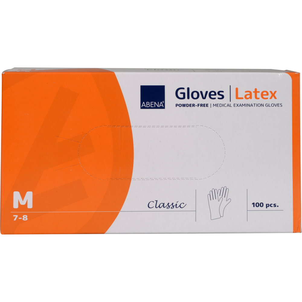 Une boîte rectangulaire de Abena Re-Seller GmbH Gants en latex Classic, Sans poudre, Naturel, taille medium (7-8). La boîte blanc-orange contient 100 gants avec une illustration de main - idéale pour les établissements médicaux.