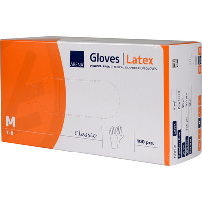 Une boîte rectangulaire de Gants en latex Classic, Sans poudre, Naturel de Abena Re-Seller GmbH, taille medium (7-8), contient 100 pièces. L'emballage blanc-orange montre des détails de produit et une illustration de gant - idéal pour un usage médical.