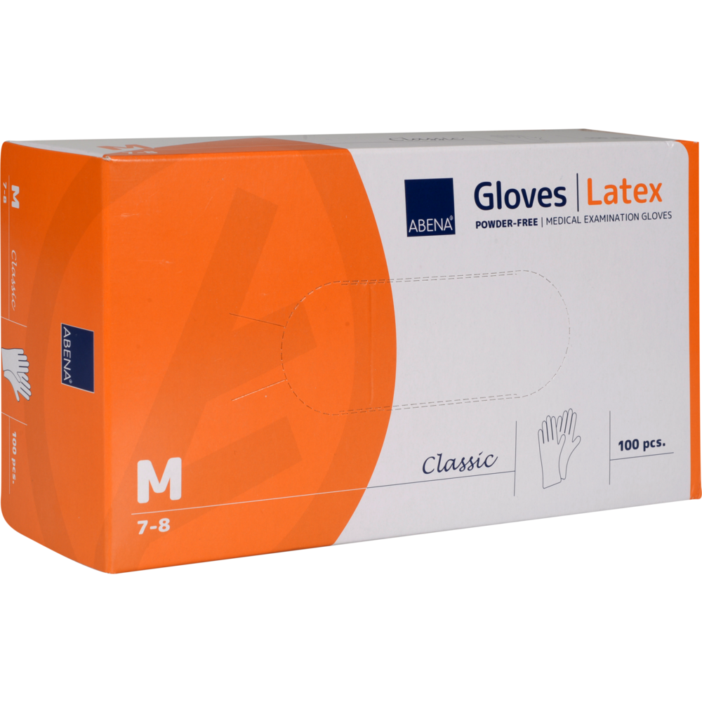 Une boîte rectangulaire orange-blanc avec l'inscription "Gants en latex Classic, Sans poudre, Naturel" de Abena Re-Seller GmbH contient 100 gants de taille Medium (7-8). Sur le devant, on trouve un gant illustré et le mot "Classic" - idéal pour un usage médical.