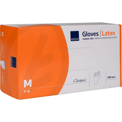 Une boîte rectangulaire orange-blanc avec l'inscription "Gants en latex Classic, Sans poudre, Naturel" de Abena Re-Seller GmbH contient 100 gants de taille Medium (7-8). Sur le devant, on trouve un gant illustré et le mot "Classic" - idéal pour un usage médical.
