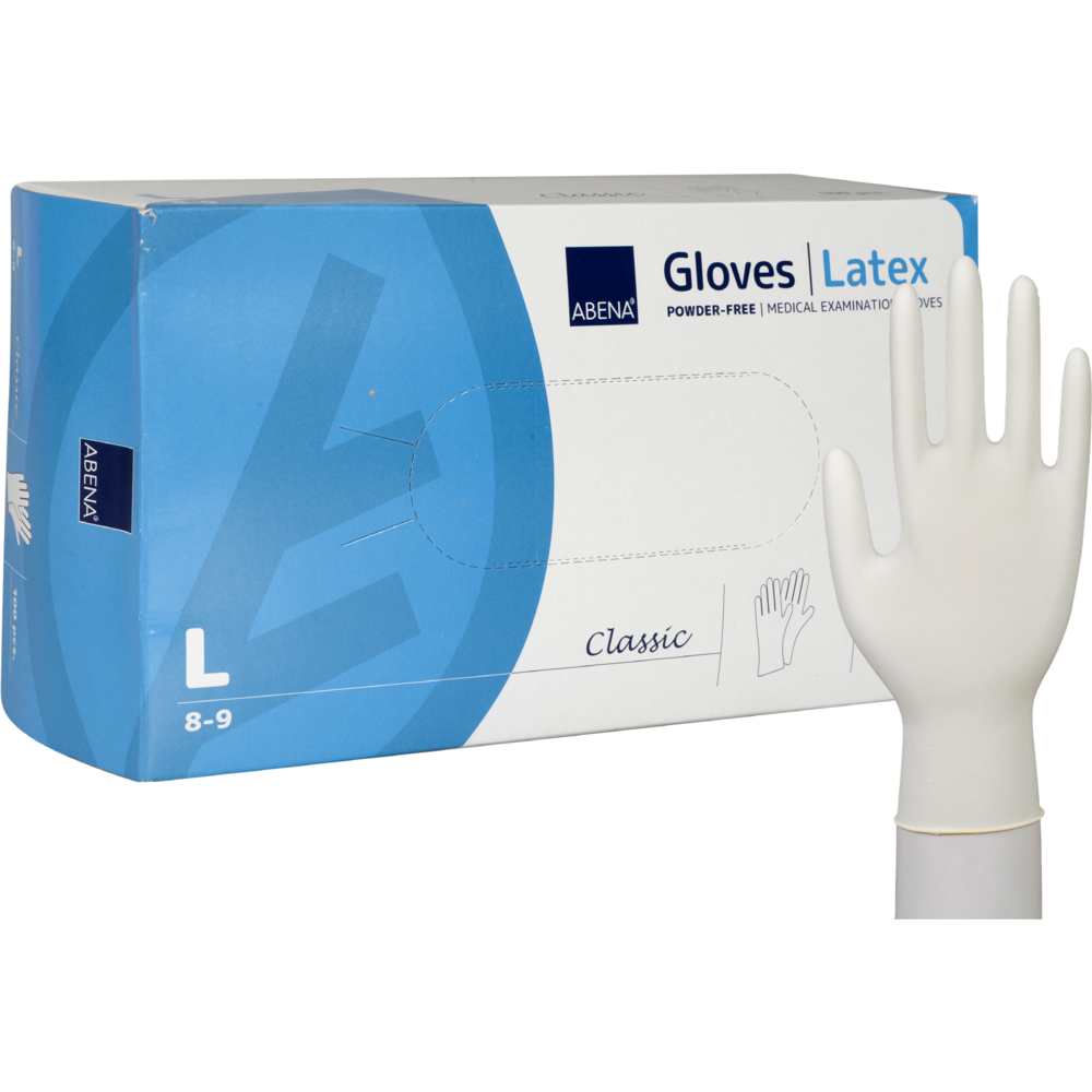Un paquet de gants en latex Classic Abena Re-Seller GmbH, sans poudre, naturel, taille L (8-9), avec un gant blanc debout devant l'emballage bleu-blanc - idéal pour une utilisation dans les établissements médicaux.