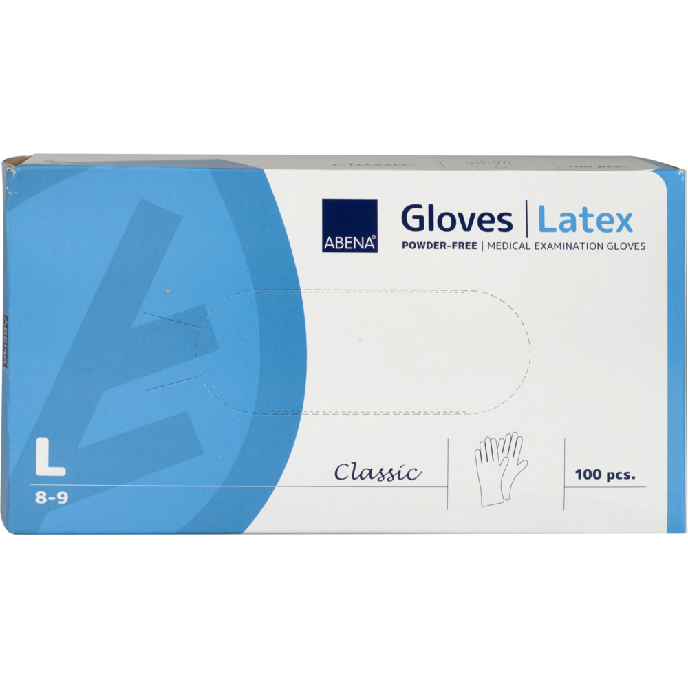 Une boîte bleu-blanc avec l'inscription "Abena Re-Seller GmbH Gants en latex Classic, Sans poudre, Naturel", Taille large (8-9), pour établissements médicaux, contient 100 gants. Sur le devant se trouve une illustration de gant.