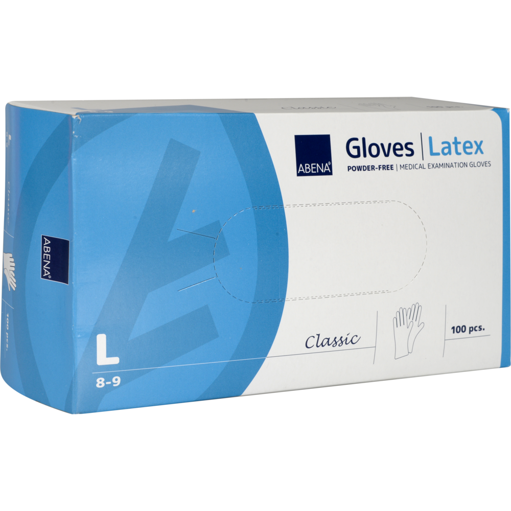 Une boîte bleu-blanc Abena Re-Seller GmbH Gants en latex Classic, Sans poudre, Naturel en taille L (8-9), contient 100 gants médicaux avec un graphique de main, idéal pour une utilisation dans les établissements médicaux.