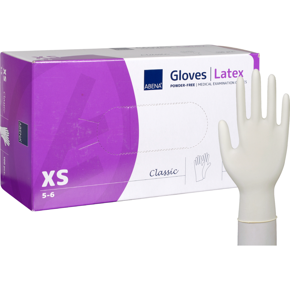 Illustrée est une boîte de Abena Re-Seller GmbH Gants en latex Classic, sans poudre, naturel en taille XS avec un gant blanc debout à côté de l'emballage blanc-violet.