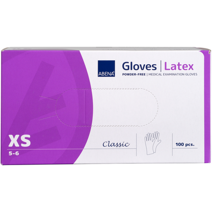 Une boîte Abena Re-Seller GmbH Gants en latex Classic, sans poudre, naturel, taille XS (5-6) contient 100 pièces. Idéal pour les établissements médicaux. La boîte est principalement conçue en violet-blanc avec du texte et une illustration de main.