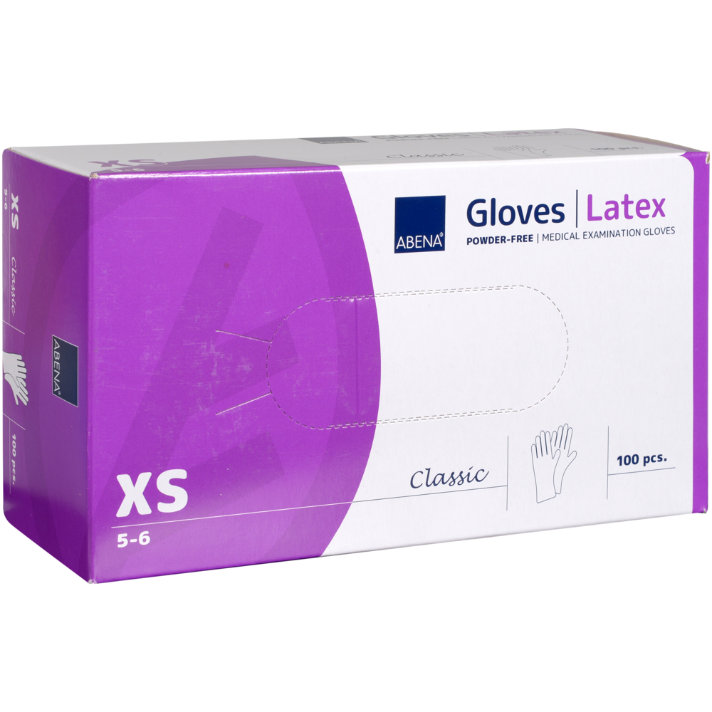 Une boîte rectangulaire de Abena Re-Seller GmbH Gants en latex Classic, sans poudre, naturel, taille XS (5-6), design violet/blanc avec illustration de main; contient 100 gants - idéal pour les établissements médicaux.