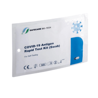 Un emballage scellé contenant un kit de test rapide antigénique COVID-19 Safecare LAIENTEST (1 pièce). L'étiquette comporte une mention indiquant qu'il s'agit d'un kit d'autotest, et les marquages CE ainsi que d'autres labels de conformité sont visibles. L'emballage contient un test individuel.
