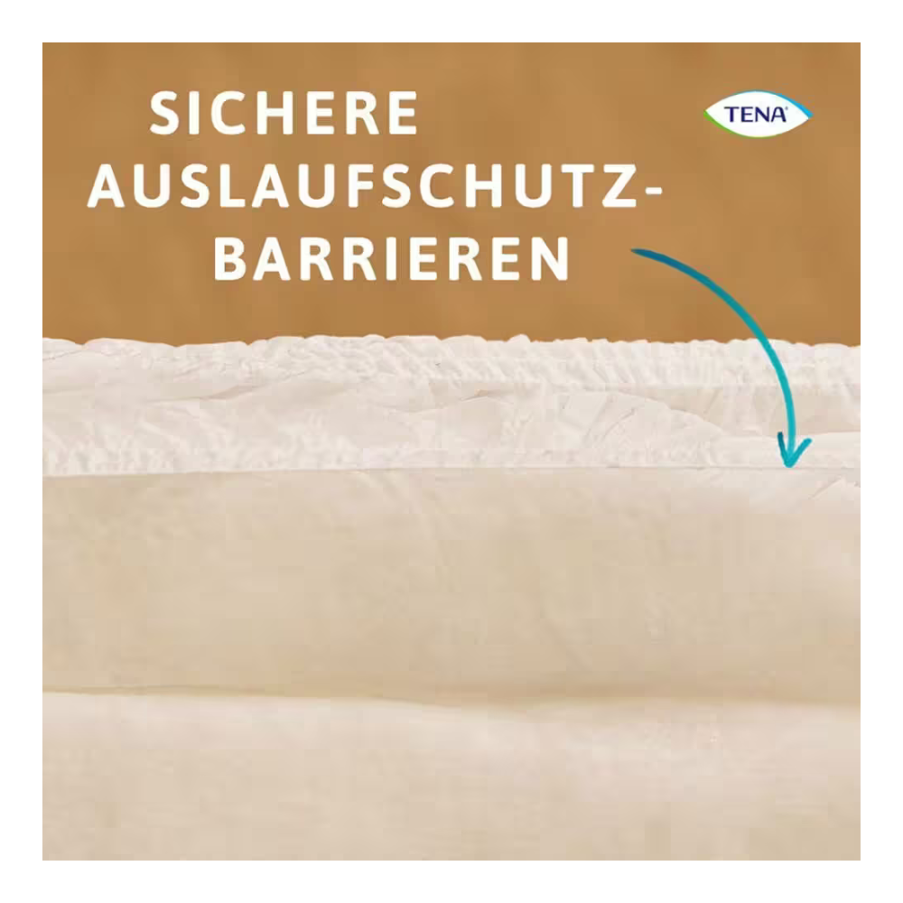 Nahaufnahme einer beigefarbenen Saugeinlage mit gerafften Rändern, entwickelt für TENA Protection Pants Normal Inkontinenzpants von TENA - Essity Germany GmbH. Deutscher Text: "Sichere Auslaufschutz-Barrieren". Blauer Pfeil zeigt auf den Rand; TENA-Logo oben rechts.