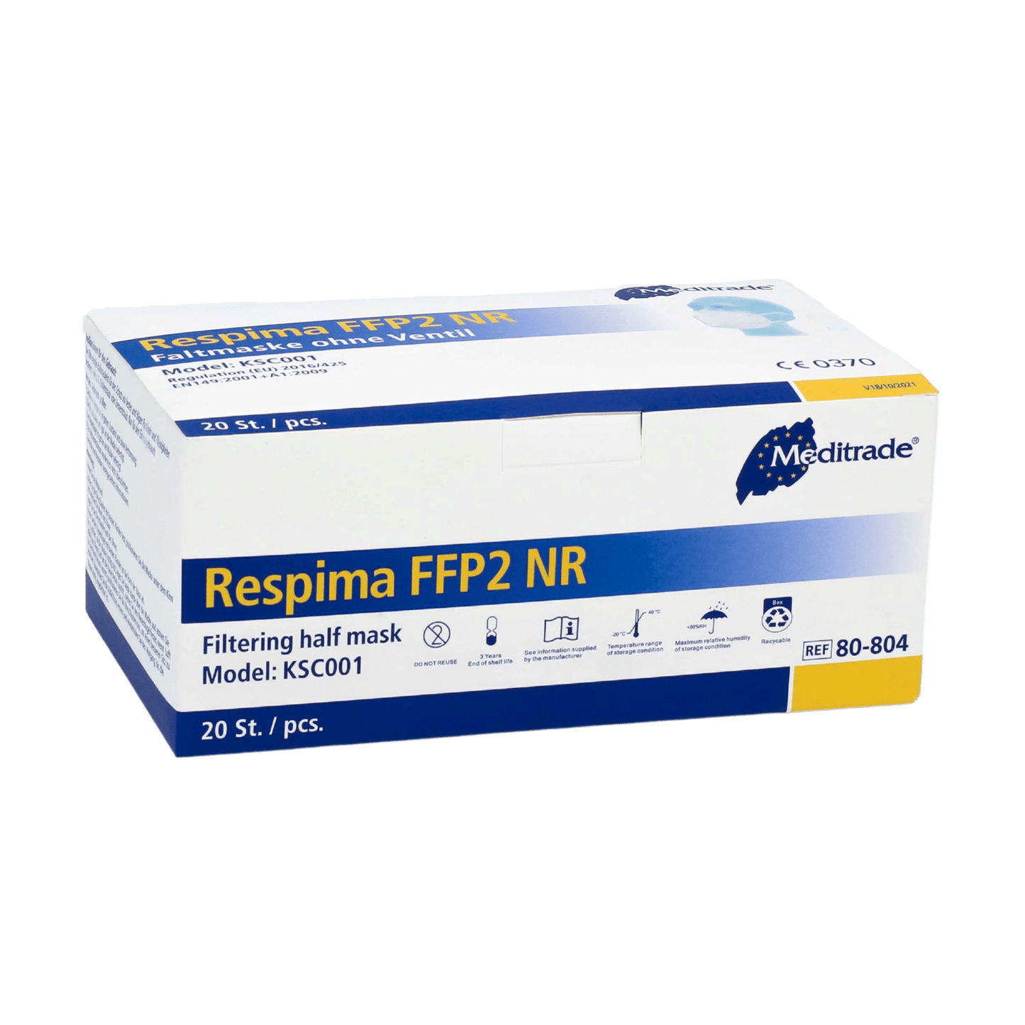Une boîte de masques respiratoires Meditrade Respima FFP2 est présentée devant un fond simple. La boîte blanche avec des détails bleus montre qu'elle contient 100 pièces et porte dans le coin supérieur droit le nom de la marque Meditrade GmbH, connue pour les équipements de protection individuelle.