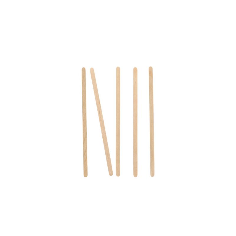 Vijf PAPSTAR roerstaafjes hout "pure" (14 cm) van de PAPSTAR GmbH zijn op een witte achtergrond als stokfiguren gerangschikt: vier staand, één diagonaal over de anderen gelegd.