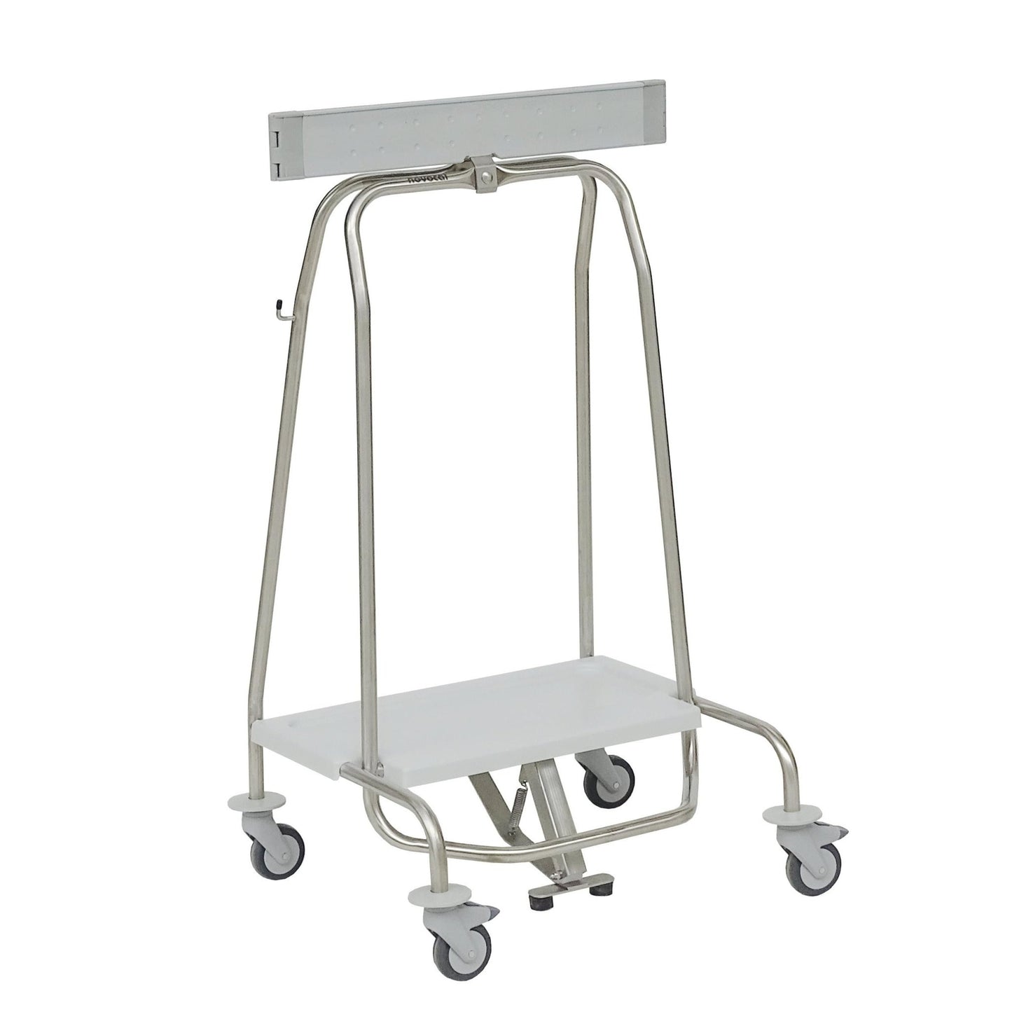 Le collecteur de déchets Novocal "Genius" avec anneau de serrage et pédale pour sacs de 70 litres (Format : 57 | Paquet de 1 pièce) dispose de quatre roulettes, d'une étagère inférieure plate blanche et d'une barre supérieure, illustré sur fond blanc.