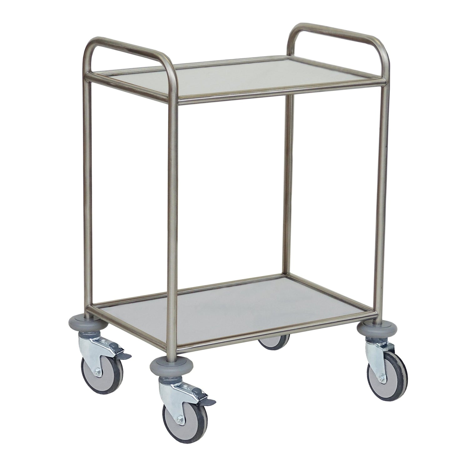 Le chariot polyvalent Novocal est doté d'un cadre en acier inoxydable, de deux étagères solides qui résistent à l'eau, à la chaleur et aux désinfectants, ainsi que de quatre roulettes pivotantes et de deux poignées - idéal pour le transport efficace d'objets.