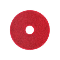 Een rood, cirkelvormig Arcora SUPERPAD ROT-reinigingspad van Arcora International GmbH met een gat in het midden voor een effectieve vloerreiniging, afgebeeld op een witte achtergrond.