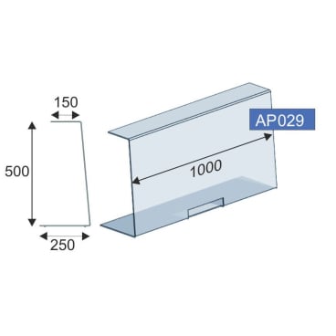 Croquis d'un présentoir de comptoir de protection de contact Novocal transparent en forme de U (acrylique de 6 mm, passe-documents) avec les dimensions : 500 mm de hauteur, 1000 mm de largeur, 250 mm de profondeur de base, 150 mm de profondeur supérieure. Le code "AP029" apparaît en haut à droite.