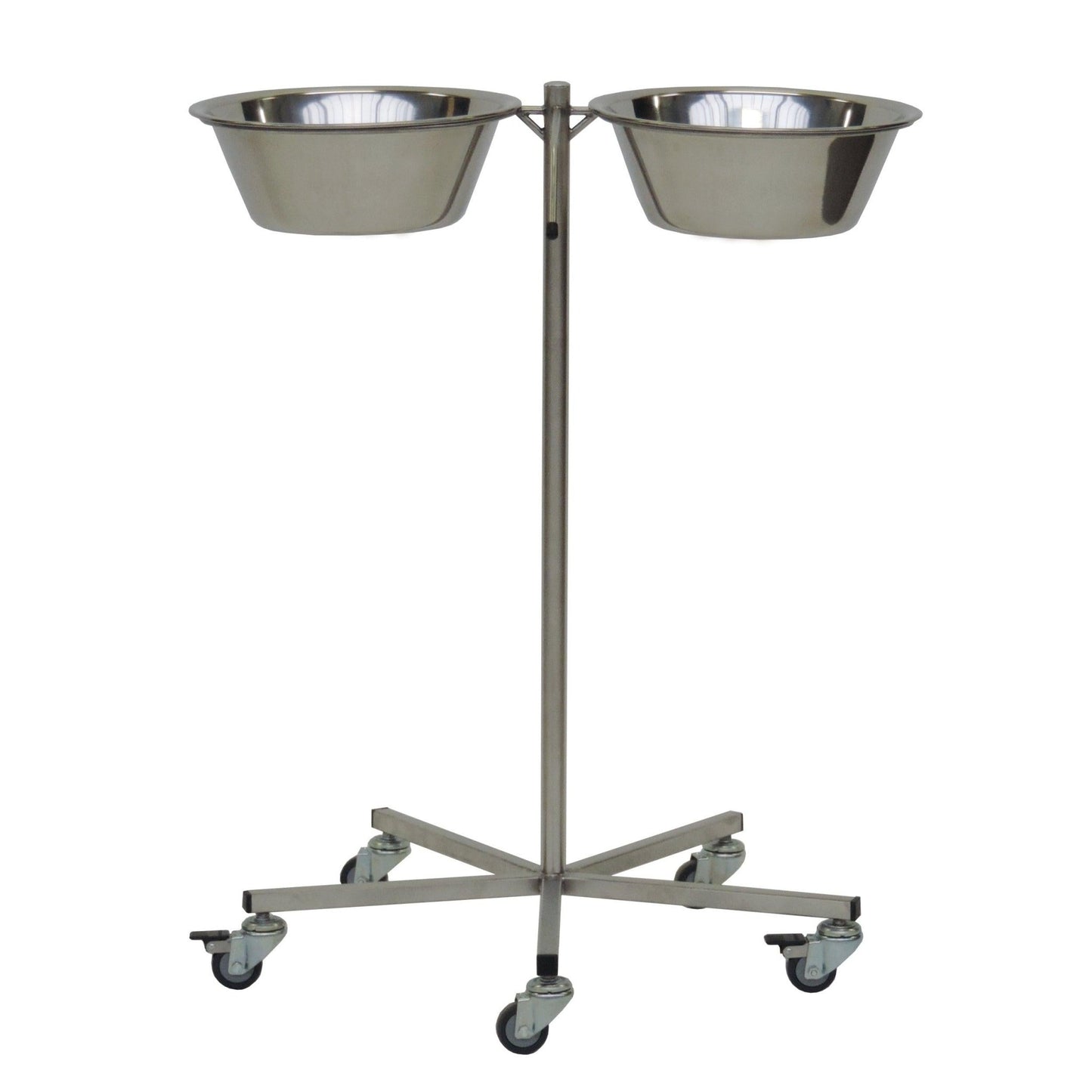 Le support à bols Novocal (700 x 600 x 800 mm) en acier inoxydable offre deux bols ronds et repose sur une base stable avec cinq roulettes pivotantes faciles à déplacer - parfait pour la gastronomie et une mobilité maximale.