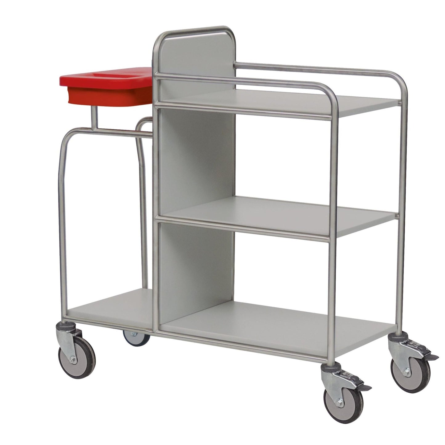 Le chariot de station Novocal durable en acier inoxydable avec trois étagères, quatre roulettes et un récipient en plastique rouge en haut à gauche est vide et représenté sur un fond blanc. Toutes les connexions de tuyaux sont soudées tout autour.