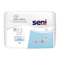 Un paquet Seni Couches-culottes pour adultes « San Uni » de TZMO Deutschland GmbH, destinées à lutter contre les fuites urinaires. L'emballage du produit est orné d'un motif composé de points bleus dispersés, ainsi que de symboles indiquant la circulation de l'air, la respirabilité et l'absence de latex.
