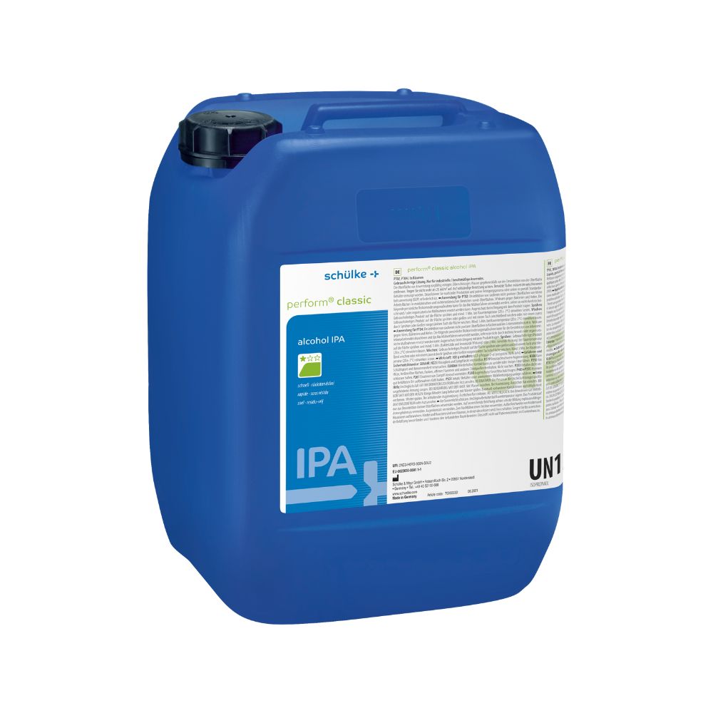 Pour la désinfection rapide, un grand récipient en plastique bleu avec l'inscription « Schülke perform classic alc IPA Flächendesinfektionsmittel » de Schülke & Mayr GmbH, imprimé avec un graphique et « alcohol IPA ». Il dispose d'un bouchon noir et du marquage latéral « UN1 ».