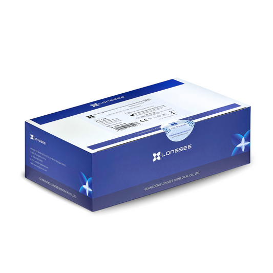 Eine blau-weiße Schachtel mit prominentem „LONGSEE“-Branding enthält den Longsee 2019-nCoV Ag Schnelltest (25 Stück | Packung). Die Schachtel ist oben mit einem informativen Etikett versehen, das Produktinformationen und Spezifikationen enthält, und an der Seite befinden sich zusätzliche Unternehmensdetails.