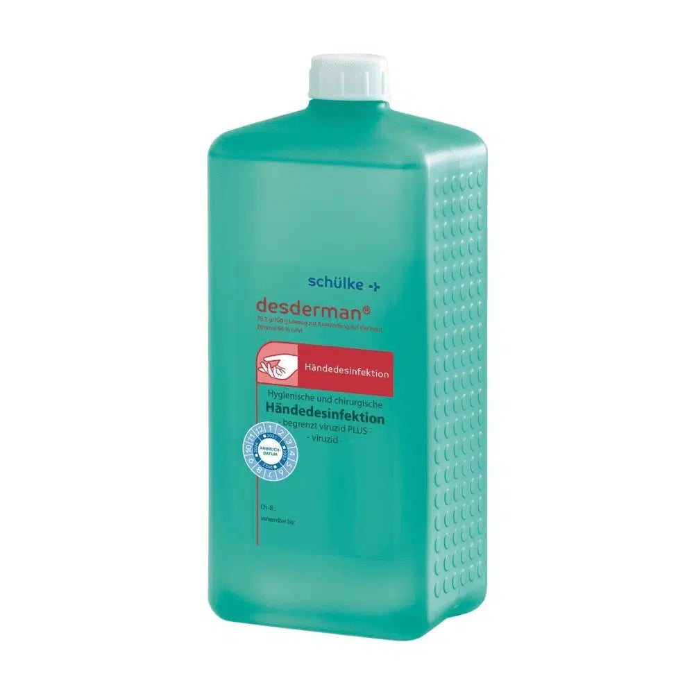 Een fles Schülke desderman® handdesinfectie (zonder kleurstof/parfum), virucide, van Schülke & Mayr GmbH in een blauwgroene 1-liter container met etiketten in het Duits, certificeringszegel en witte dop.