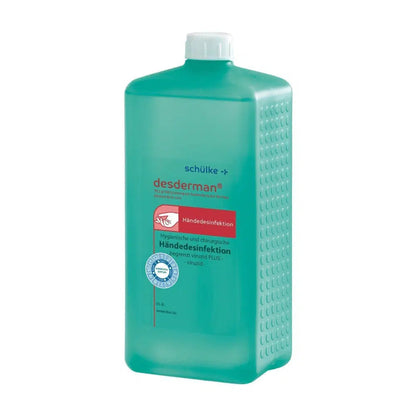 Een fles Schülke desderman® handdesinfectie (zonder kleurstof/parfum), virucide, van Schülke & Mayr GmbH in een blauwgroene 1-liter container met etiketten in het Duits, certificeringszegel en witte dop.