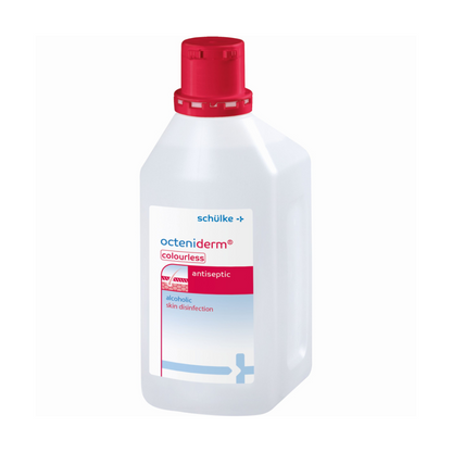 Flacon en plastique blanc avec Octeniderm® incolore antiseptique cutané de Schülke & Mayr GmbH, un désinfectant cutané sans alcool avec un bouchon rouge, sur un fond uni. L'étiquette contient
