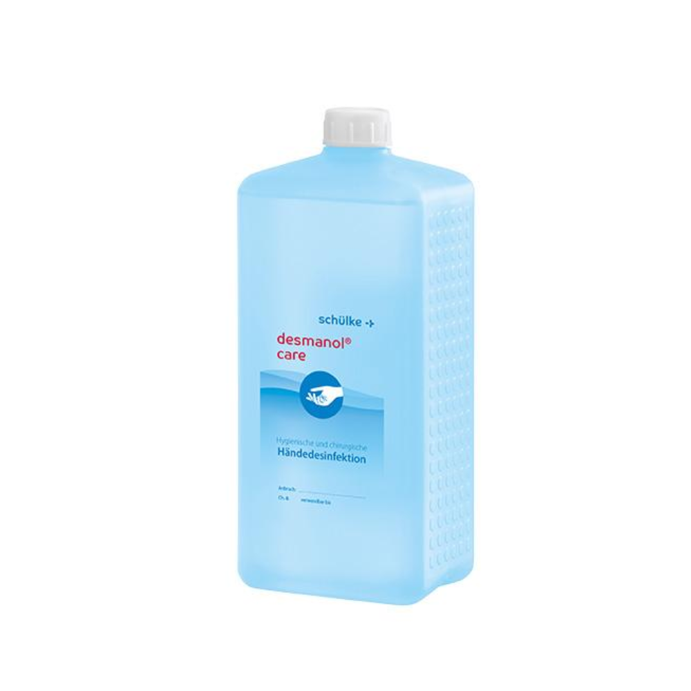 Une bouteille bleue de désinfectant pour les mains Schülke desmanol® care avec une étiquette de formule de soin de la peau, indiquant que le produit est adapté pour la désinfection hygiénique et chirurgicale des mains, de Schülke & Mayr GmbH.