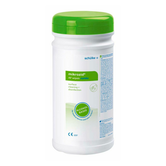Ein Behälter mit Schülke mikrozid® AF wipes Desinfektionstüchern der Schülke & Mayr GmbH zur Oberflächenreinigung und -desinfektion. Die weiße Flasche hat einen grünen Deckel und das Etikett enthält eine Gebrauchsanweisung und ein CE-Zeichen.