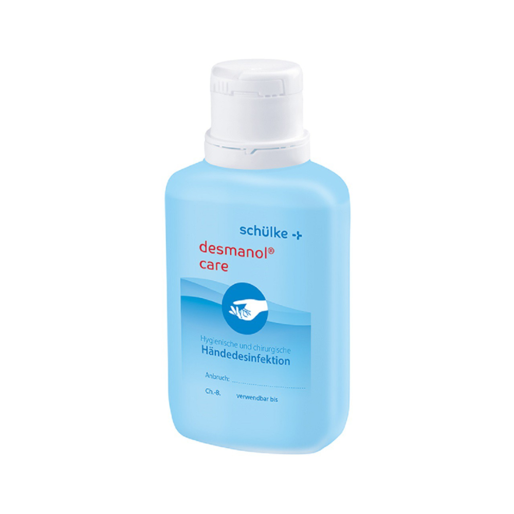 Une bouteille de désinfectant pour les mains Schülke desmanol® care de Schülke & Mayr GmbH avec un liquide bleu et une étiquette avec les détails du produit en écriture blanche et bleue.