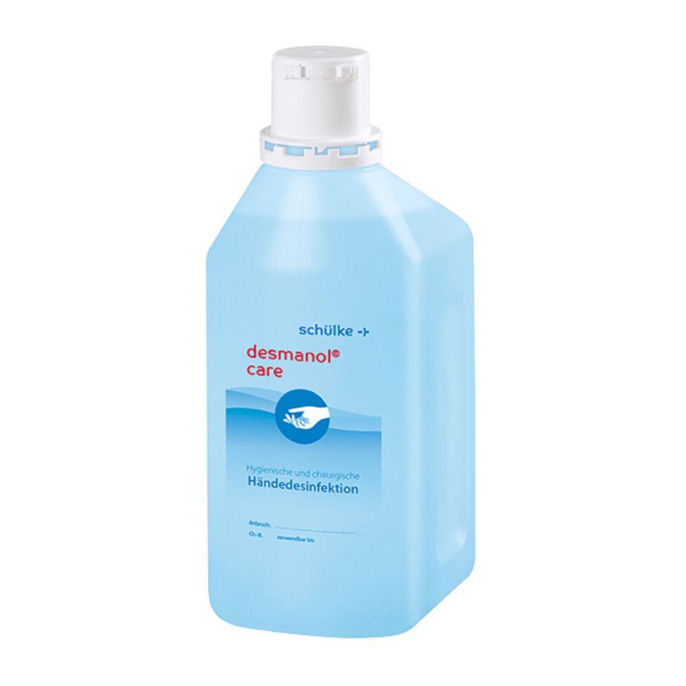 Une bouteille de désinfectant pour les mains Schülke desmanol® care de Schülke & Mayr GmbH avec un bouchon blanc et une étiquette bleue, sur laquelle le nom du produit et les informations d'utilisation pour la désinfection hygiénique et chirurgicale des mains sont placés de manière proéminente.