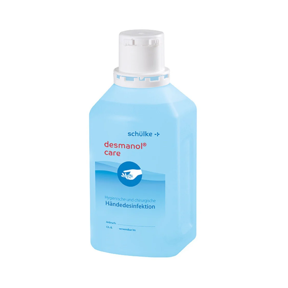Une bouteille de désinfectant pour les mains Schülke desmanol® care de Schülke & Mayr GmbH avec un bouchon blanc et une étiquette en bleu et blanc, indiquant l'utilisation du produit et la marque. Le liquide à l'intérieur semble