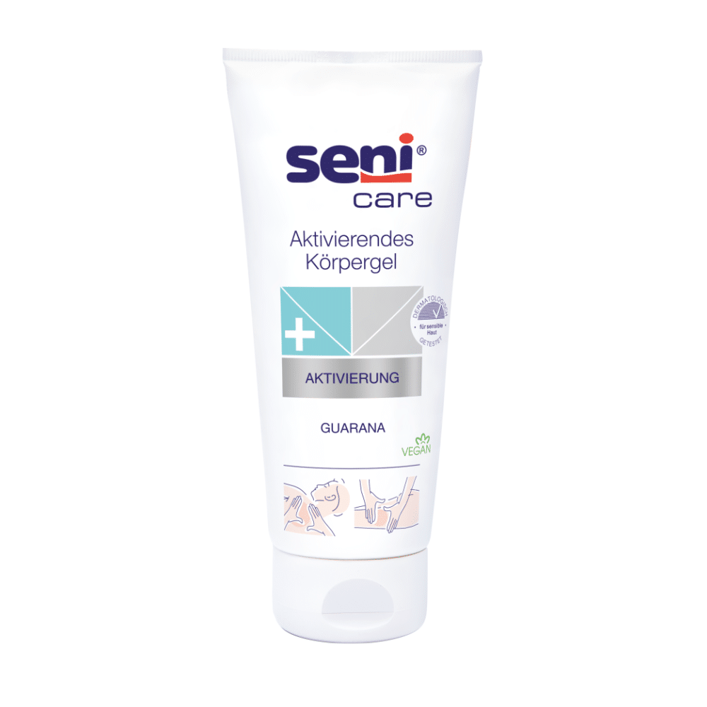 Le tube de gel activant Seni Care avec guarana de TZMO Deutschland GmbH est emballé en blanc, avec du texte bleu et gris, un certificat végan et des symboles pour les domaines d'application. Il a été développé pour stimuler la microcirculation sanguine pour une peau rajeunie, et porte la désignation de gel au guarana.