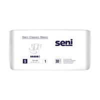 Un paquet Seni Culottes d'incontinence Classic Basic (taille S, lot de 30, 55–80 cm) de TZMO Deutschland GmbH, dotées d'une couche extérieure respirante pour un confort optimal en cas de fuites urinaires ; l'emballage comporte des schémas et des symboles indiquant le niveau d'absorption.