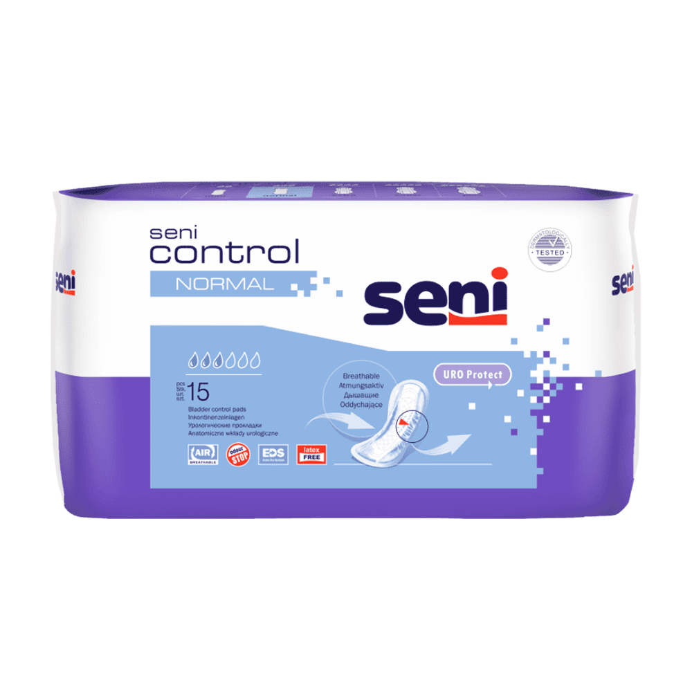 Een verpakking van 15 Seni Control Normal incontinentiepads van TZMO Deutschland GmbH in een paars-wit ontwerp met productdetails. Deze pads bieden ademende, discrete en comfortabele bescherming bij incontinentie.