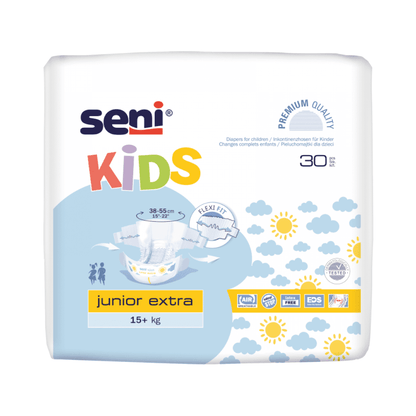 De Seni Kids Junior Extra incontinentiebroekjes van TZMO Deutschland GmbH voor kinderen vanaf 15 kg worden geleverd in een kleurrijke verpakking met zon- en wolkgrafiek en het Extra Dry System-symbool en bevatten 30 stuks.
