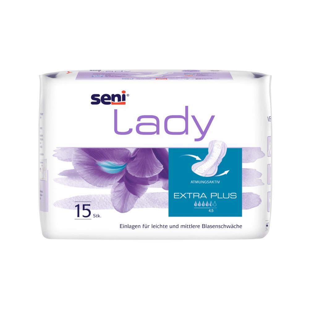 De Seni Lady Extra Plus inlegkruisjes van TZMO Deutschland GmbH komen in een verpakking van 15 stuks, ideaal bij lichte tot matige blaaszwakte. De wit-lila verpakking met bloemmotief is ademend en ontworpen voor vrouwen.