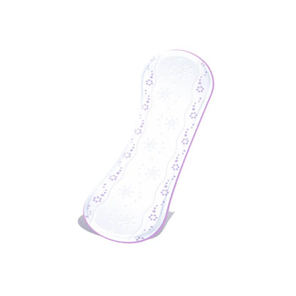 Sur un fond blanc, on voit un protège-slip Seni Lady Slim Micro Plus (paquet de 20 pièces) de TZMO Deutschland GmbH - une protection urinaire incurvée et à motif floral pour femmes avec des bords violets.