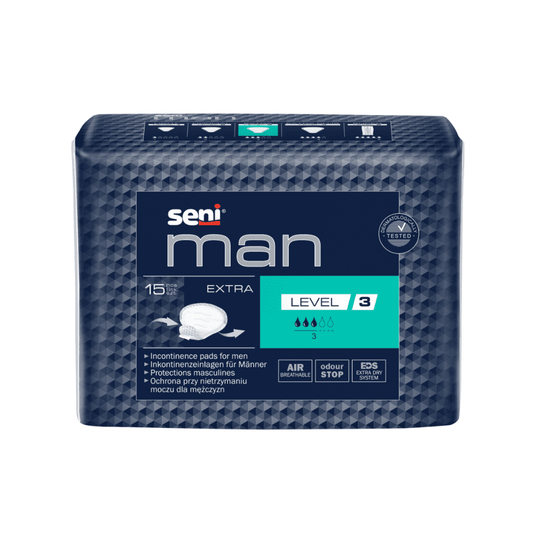 Un paquet Seni Paquet de protections pour l'incontinence Man Extra Level 3 (15 pièces) de la société TZMO Deutschland GmbH, destiné aux hommes, contenant 15 protections par paquet, de couleur bleue, et dont le fabricant affirme qu'elles offrent un contrôle des odeurs et une meilleure circulation de l'air.