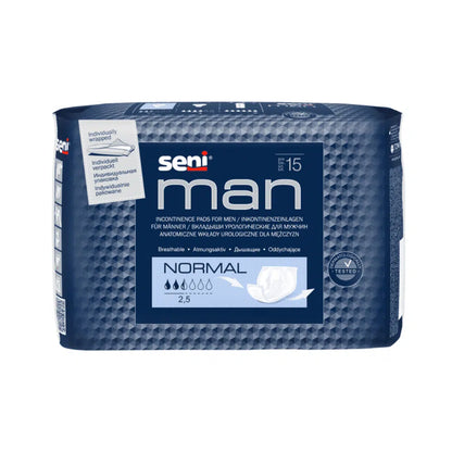 Un paquet bleu de protections Seni Man Normal pour hommes de TZMO Deutschland GmbH contient 15 protections avec une capacité d'absorption de 2,5 sur 6 gouttes - pour discrétion et sécurité.