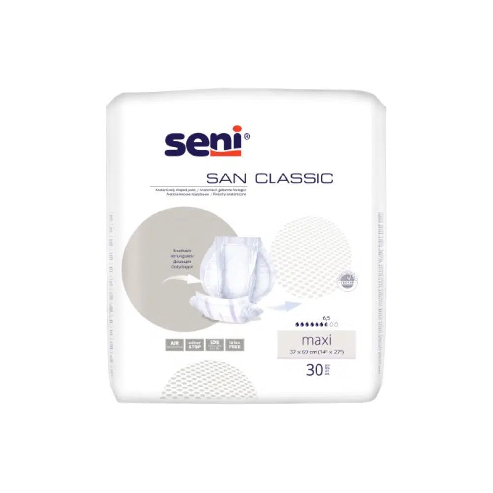 San Seni Classic Maxi incontinentie-inlegger van TZMO Deutschland GmbH – Verpakking van 30 stuks voor blaaszwakte, met veilige lekbescherming. Productdetails en logo op witte verpakking.