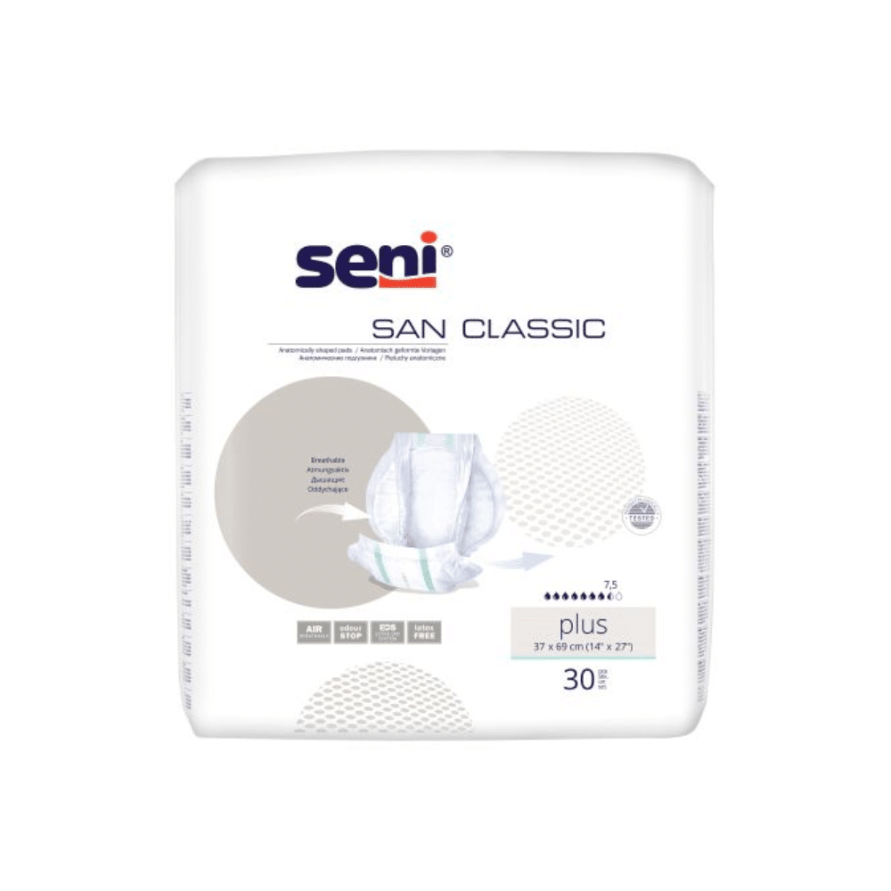 De San Seni Classic Plus incontinentieverband van TZMO Deutschland GmbH wordt geleverd in een verpakking van 30 stuks, de verpakking is overwegend wit en voorzien van blauwe en grijze tekst en een afbeelding van het verband voor blaaszwakte-verzorging.