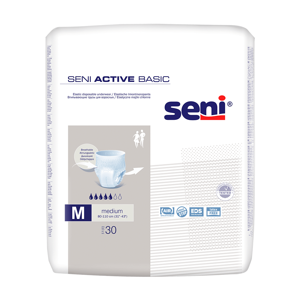 Un paquet de 30 pantalons d'incontinence Seni Active Basic en tailles M-XL de TZMO Deutschland GmbH. L'emballage principalement blanc contient du texte bleu et gris, une image de couche et des informations sur le produit. Convient pour des tours de taille de 60 à 110 cm.