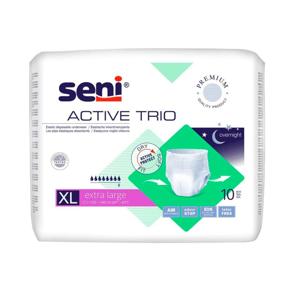 Een 10-pack Seni Active Trio incontinentiebroekjes van TZMO Deutschland GmbH bij blaasszwakte, met geurstop, latexvrij materiaal, geschikt voor nachtelijk gebruik. Overwegend witte verpakking met paarse en groene accenten.