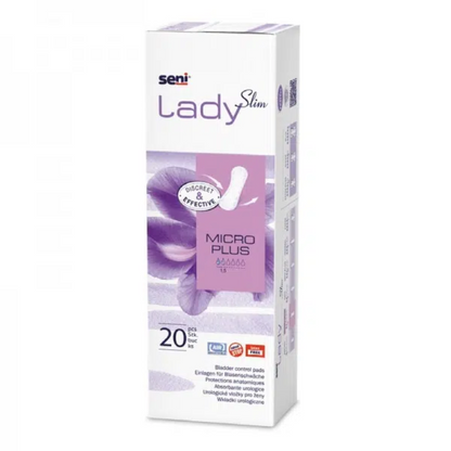 Une boîte rectangulaire de protège-slips Seni Lady Slim Micro Plus de TZMO Deutschland GmbH en violet et blanc contient 20 serviettes et met en avant les fonctions principales - idéal pour l'incontinence légère.
