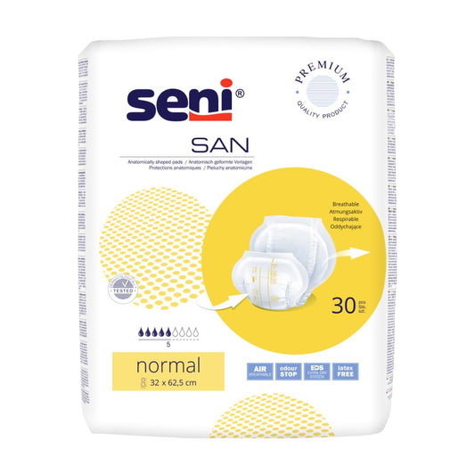 Eine Packung Seni San Normal Inkontinenzvorlage Größe 5 mit 30 Stück, gekennzeichnet mit Produktdetails wie „atmungsaktiv“, „Geruchsstopp“ und „latexfrei“. Die TZMO Deutschland GmbH.